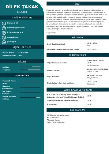 Eczacı CV Örnekleri cv indir